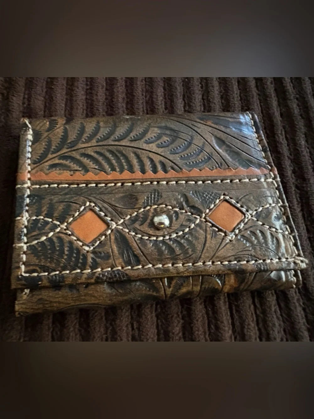 American West Tooled Leather Card Holder Wallet in Brown and Tan